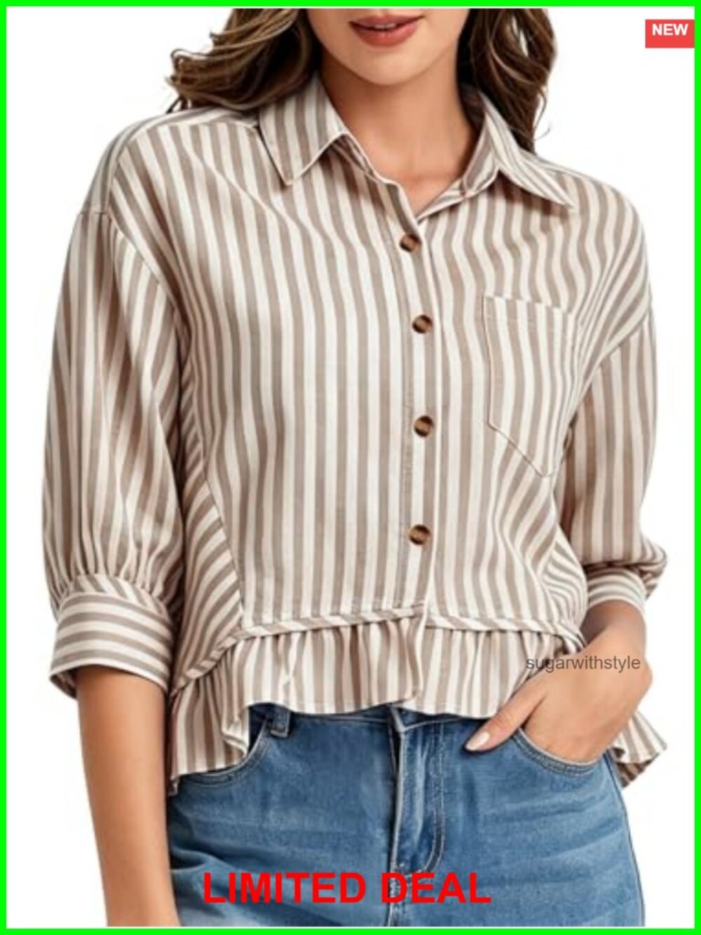 Womens Cropped Button Down Shirt Cotton 3/4 Sleeve Ruffle Hem Striped Blouse